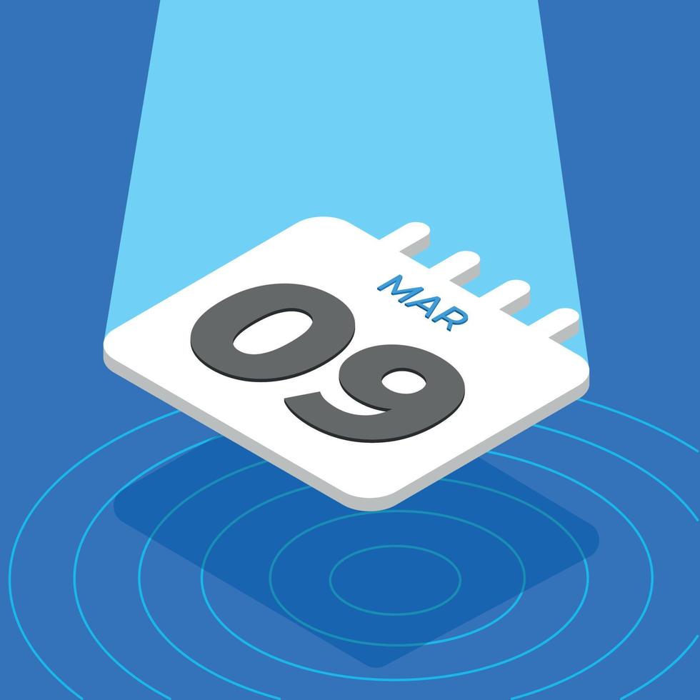 March 9 - 3D White calendar floating with spotlight on blue background vector