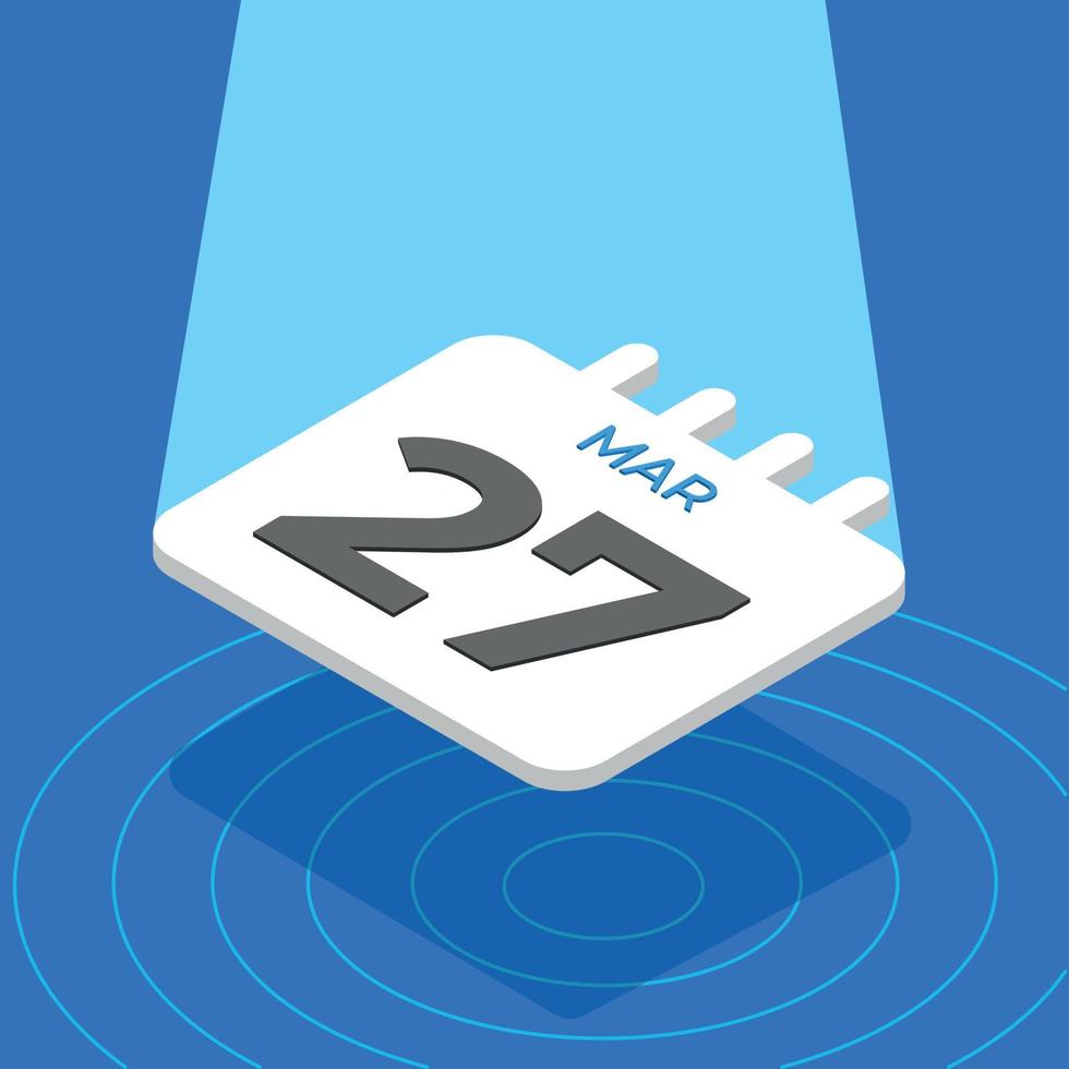 March 27 - 3D White calendar floating with spotlight on blue background vector