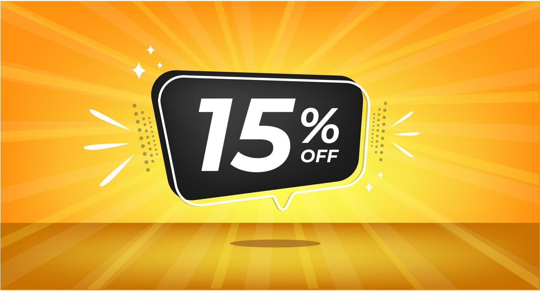 15 percent off. Yellow banner with fifteen percent discount on a black balloon for mega big sales. vector