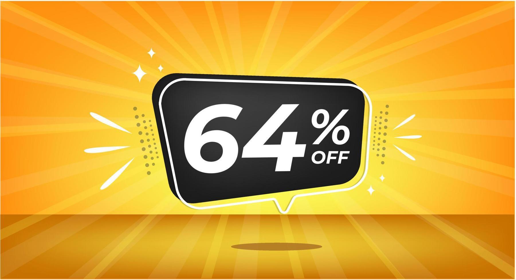 64 percent off. Yellow banner with sixty-four percent discount on a black balloon for mega big sales. vector