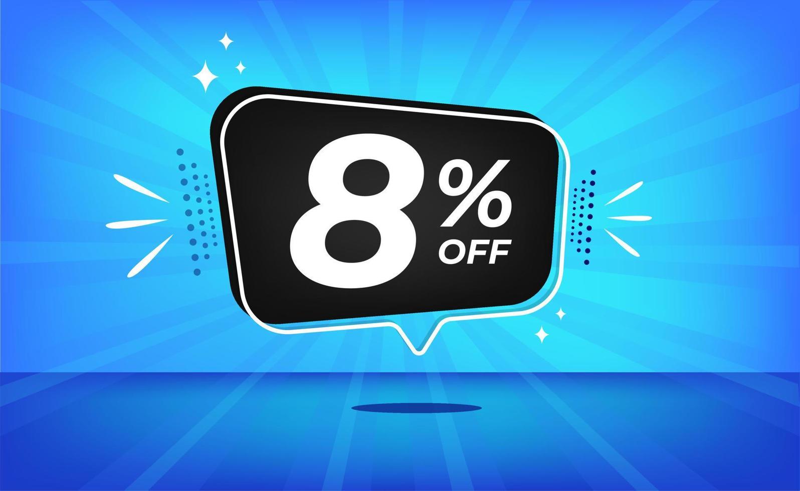 8 percent off. Blue banner with eight percent discount on a black balloon for mega big sales. vector