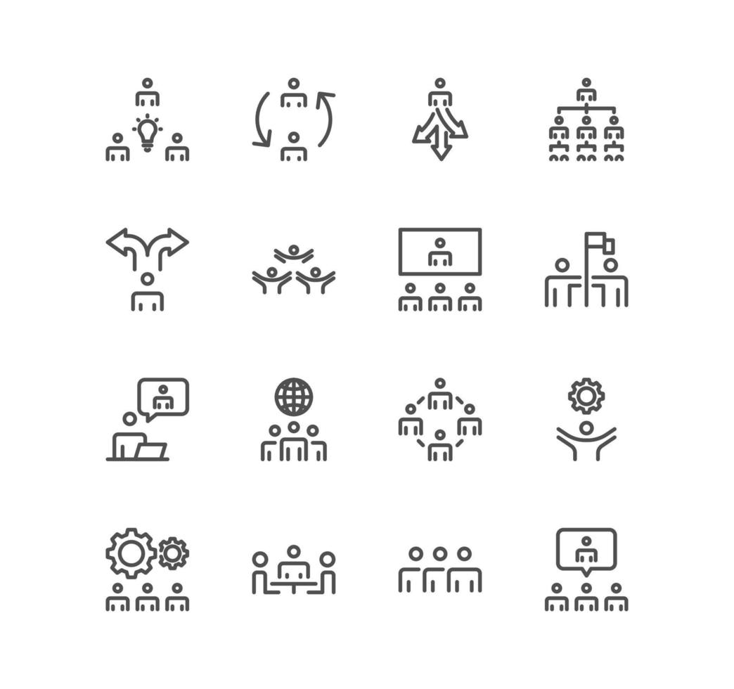 Set of business people related icons, teamwork, gear, meeting, problem discussion and linear variety vectors. vector