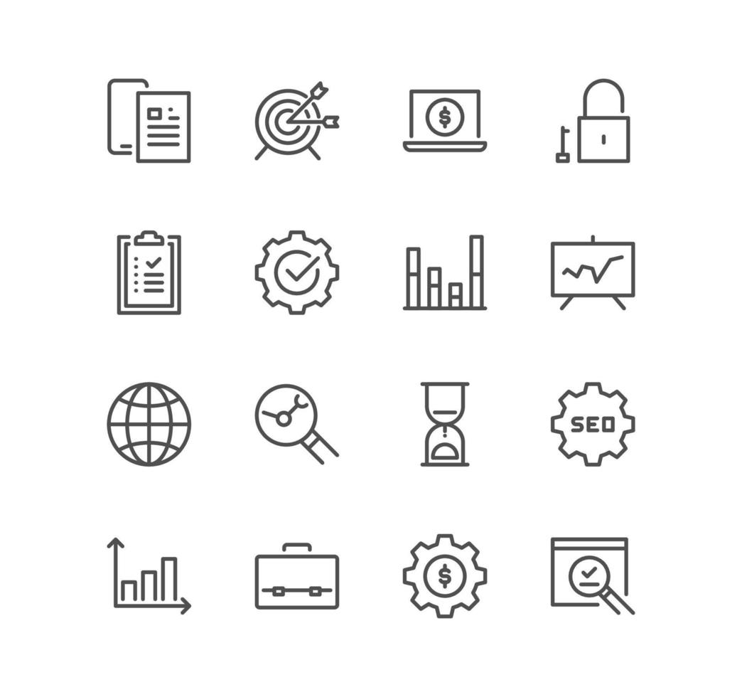 Set of engine optimization related icons, solution, optimization, strategy, target and linear variety vectors. vector