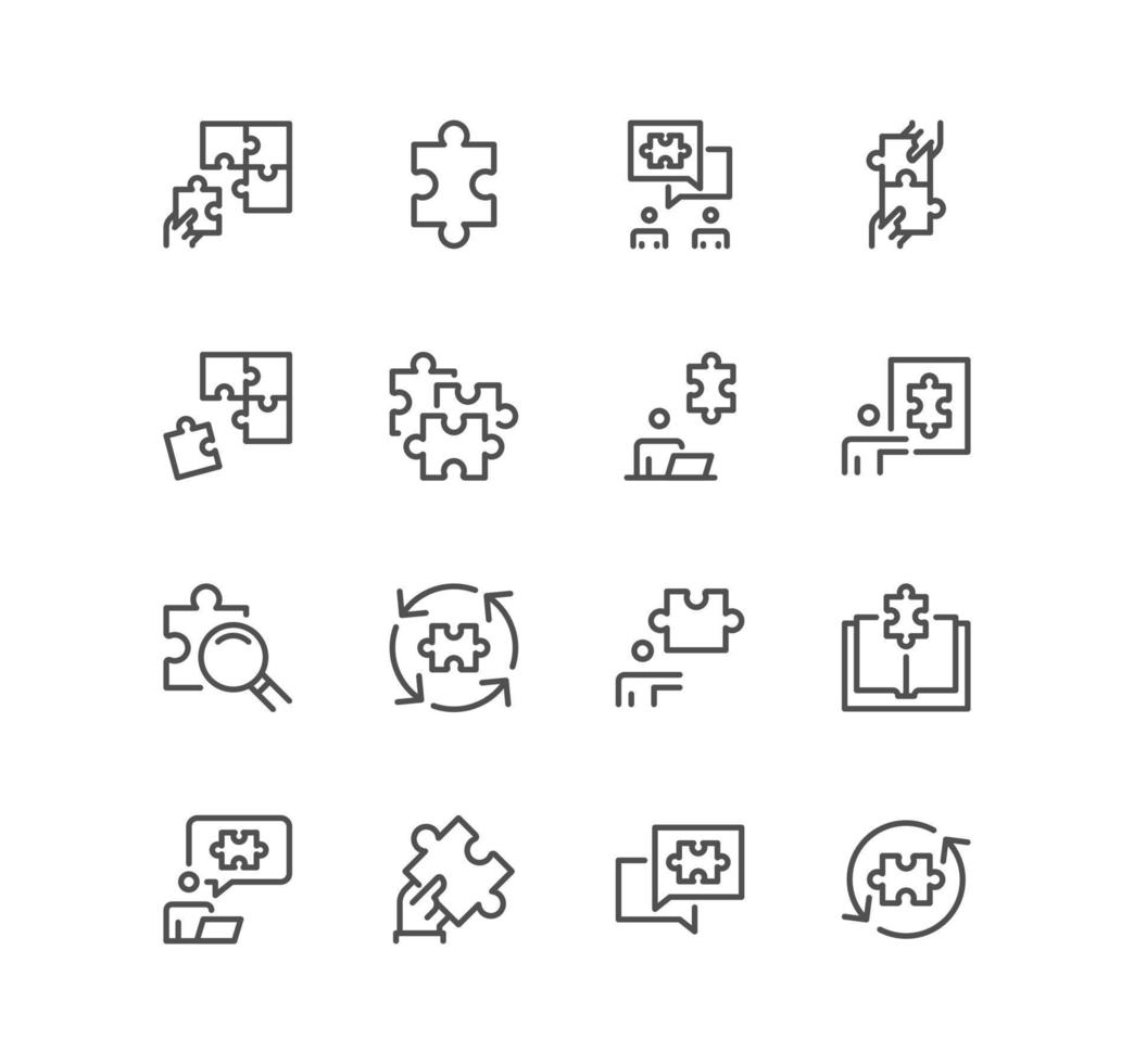 Set of puzzle related icons, thinking man, problem discussion, puzzle pieces and linear variety vectors. vector