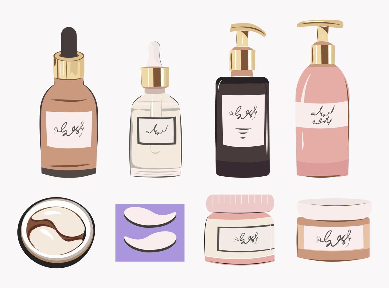 Skincare products organic cosmetics, woman skincare routine icon set. Natural organic cosmetics for skin in colorful bottles, tubes, jars vector flat illustration