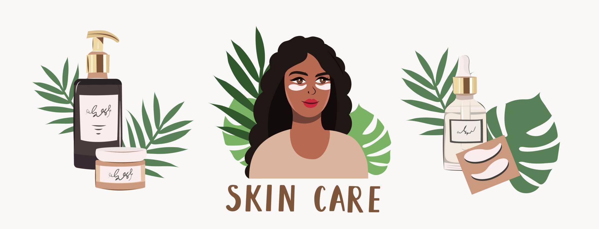 Set of illustrations. Portrait of a black woman with a care mask on her face. Lettering Take care of yourself. Cosmetic packaging, cream, cream mask, serum bottle. vector