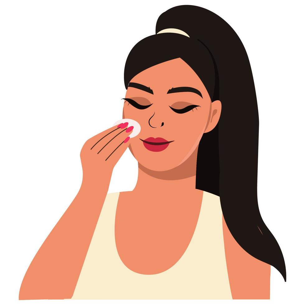 mujer aplica un piel cuidado mascarilla. tratamiento de arrugas, acné, pantalones debajo el ojos. spa tratos a hogar. vector ilustración