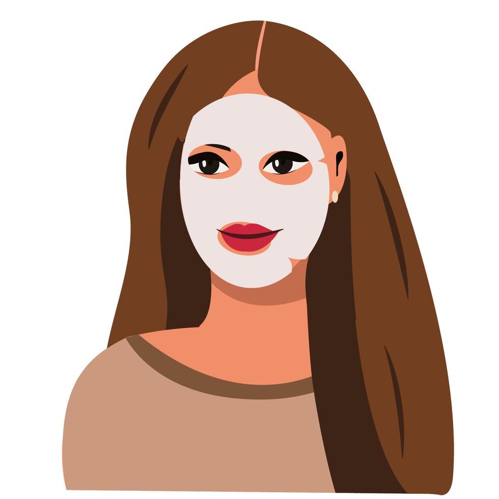 mujer con un cuidado máscara en su rostro. tratamiento de arrugas, espinillas, pantalones debajo el ojos. spa tratos a hogar. vector ilustración