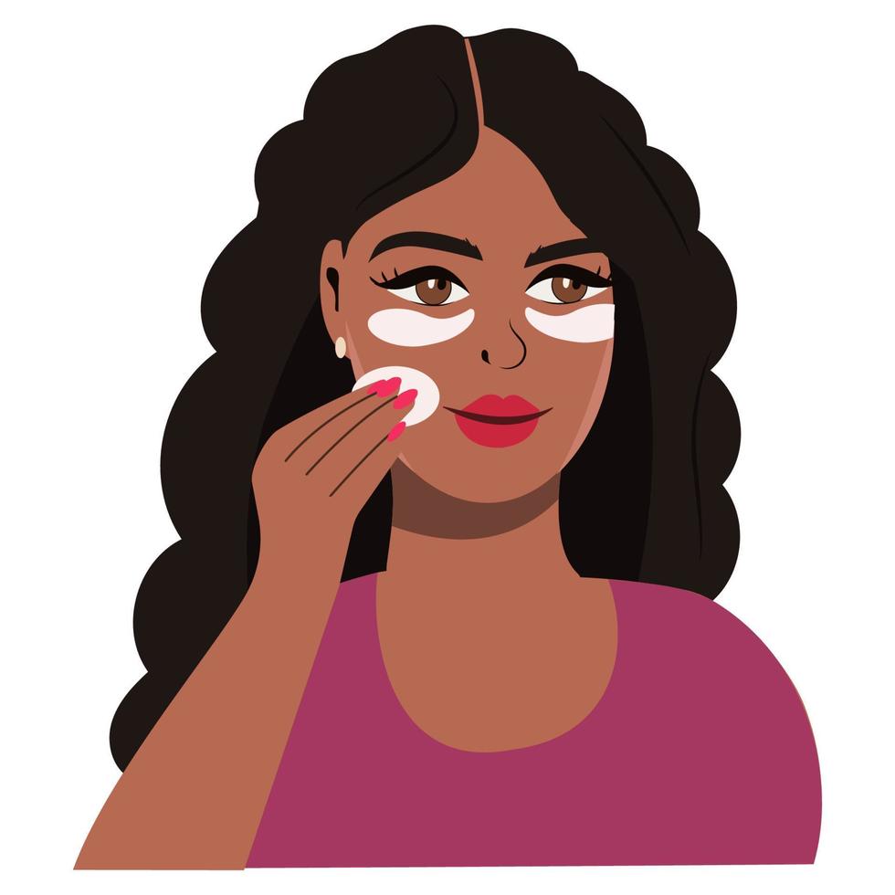 negro mujer con parches en su ojos, pone un máscara en el código. tratamiento de arrugas, espinillas, pantalones debajo el ojos. spa tratos a hogar. vector ilustración