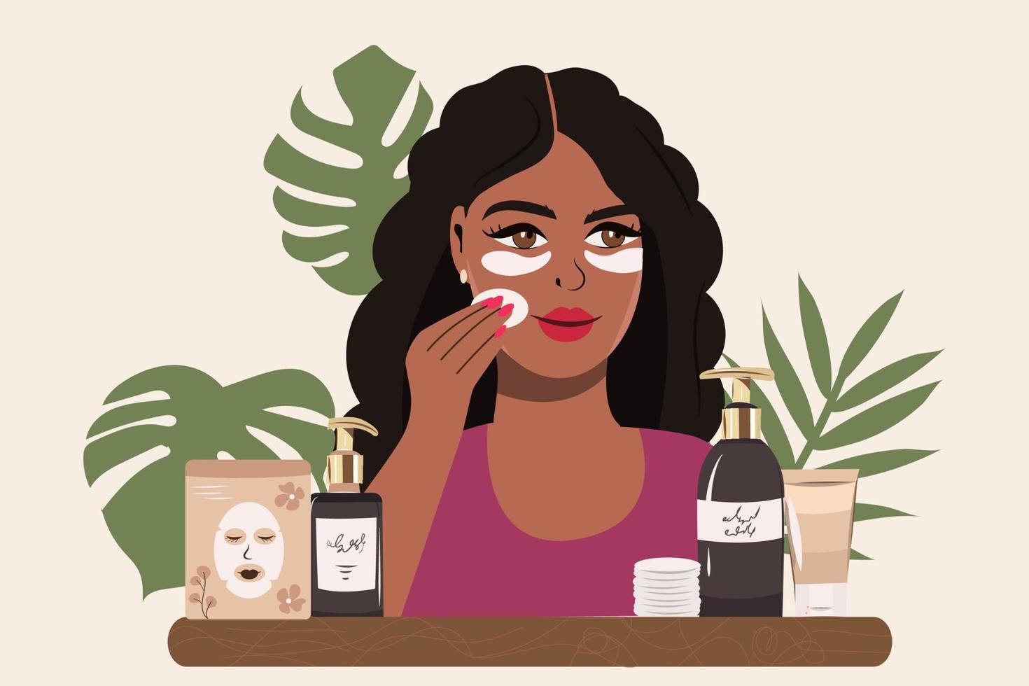 Beautiful young woman applying cosmetic product patches. Woman's face and green plant. Skin care banner. Skin care, patches, application and cosmetics. Vector illustration.