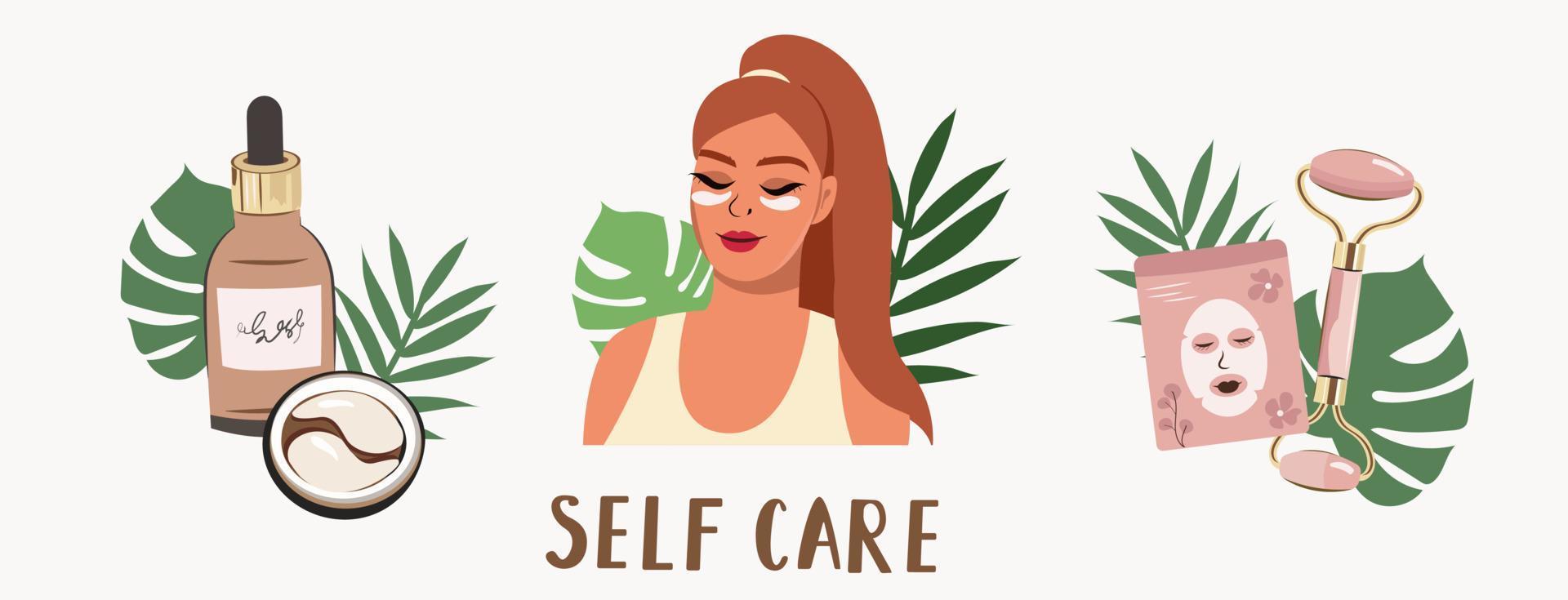 Set of illustrations. Portrait of a girl with patches on her eyes. The inscription Self care. Cosmetic packaging, patches, cream mask, serum bottle and massager. Cosmetic testing, reviews, blog vector
