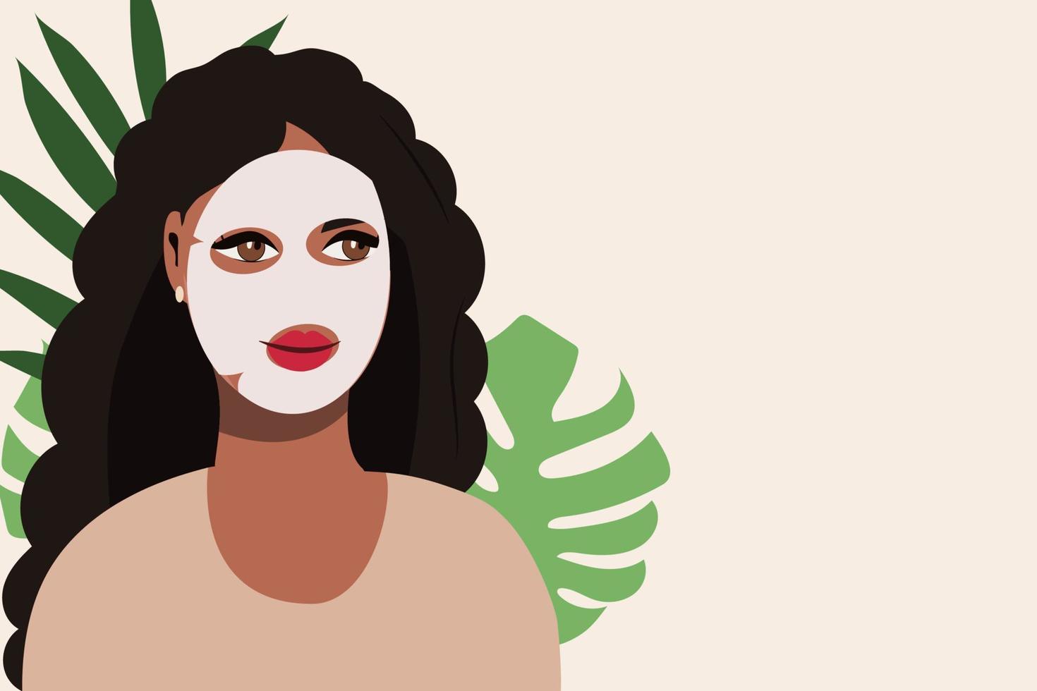 Beautiful bkack young woman applying cosmetic product skin care mask. Woman's face and green plant. Skin care banner. Skin care, patches, application and cosmetics. Vector illustration