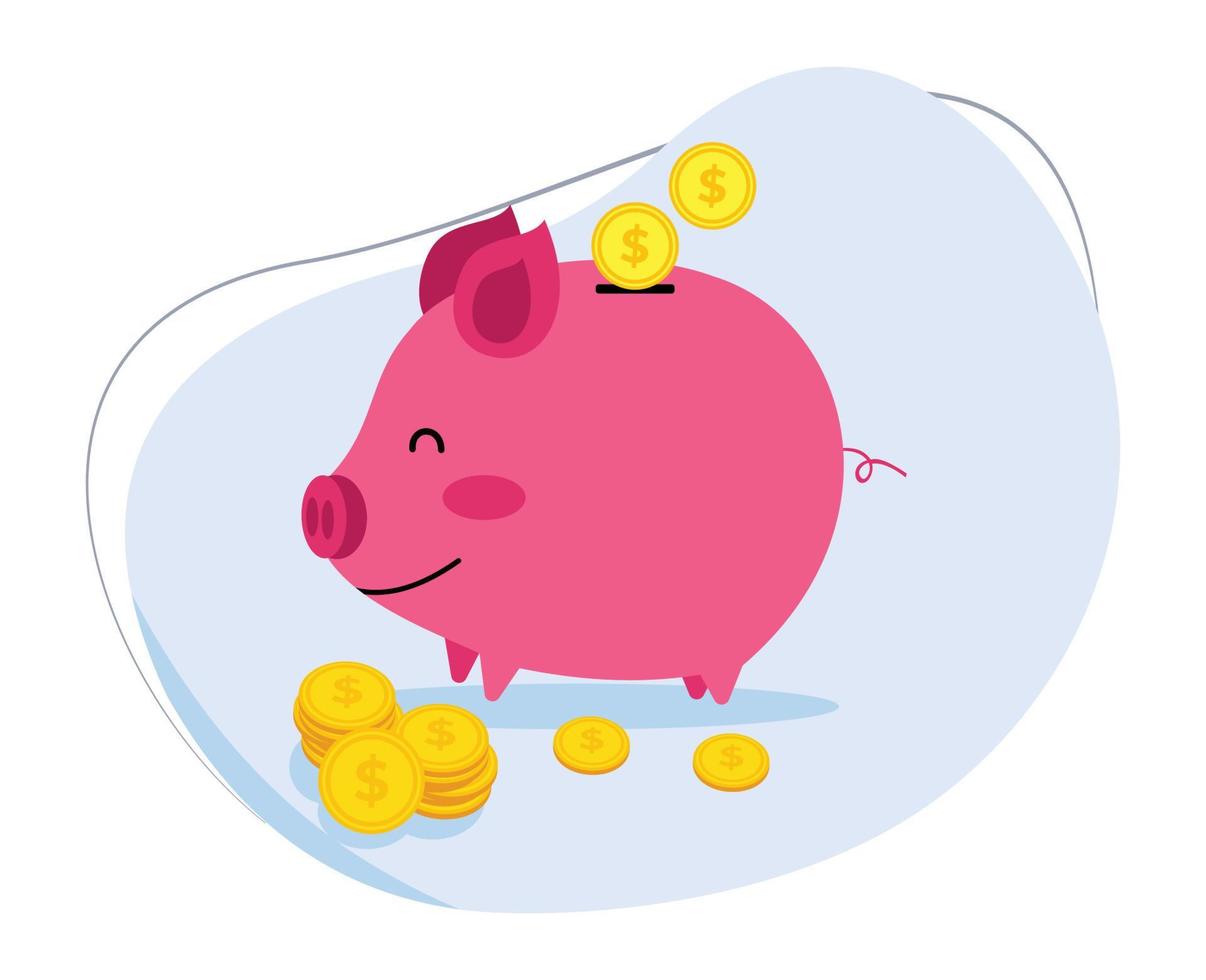 cerdito banco con pilas de oro monedas ilustración de ahorro dinero en un cerdito banco vector