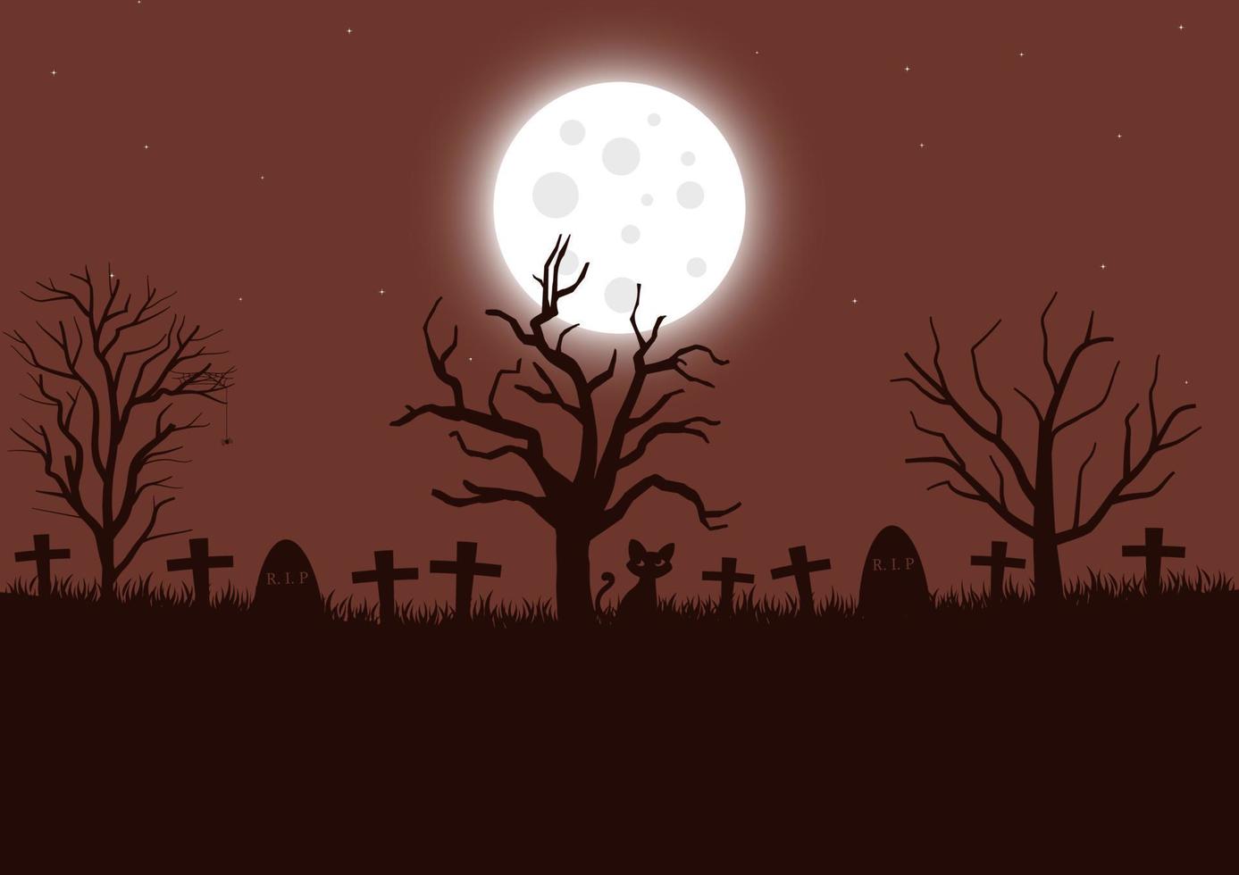 silueta de un cementerio a noche con un brillante lleno luna, vector ilustración.