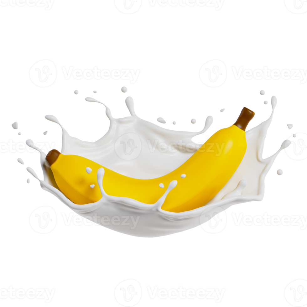 Banane Spritzen Milch isoliert. 3d machen Illustration png