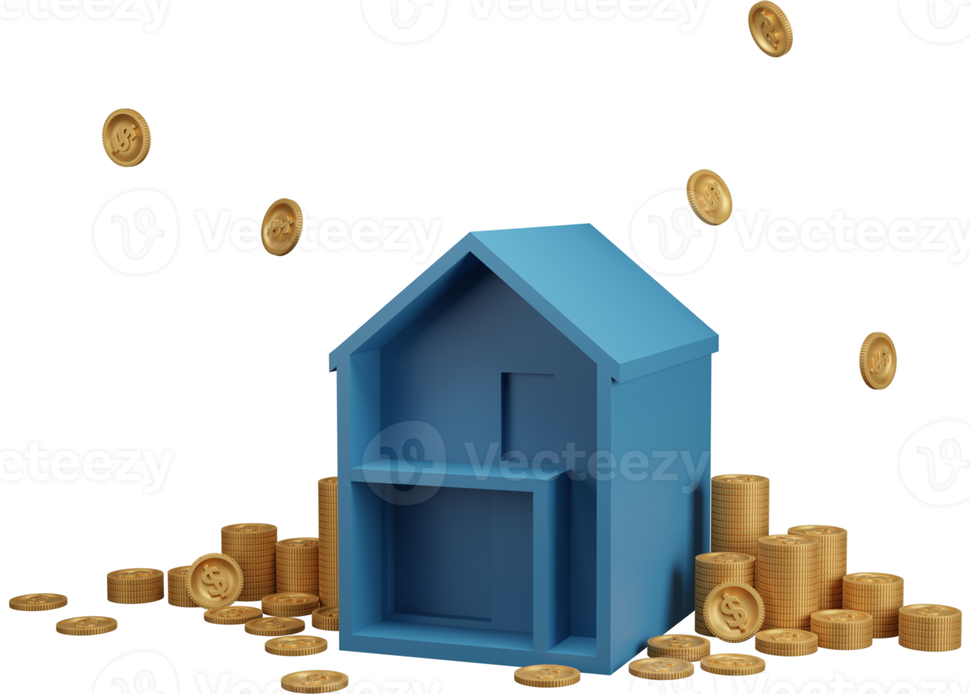 House and golden coins. 3D render illustration. png