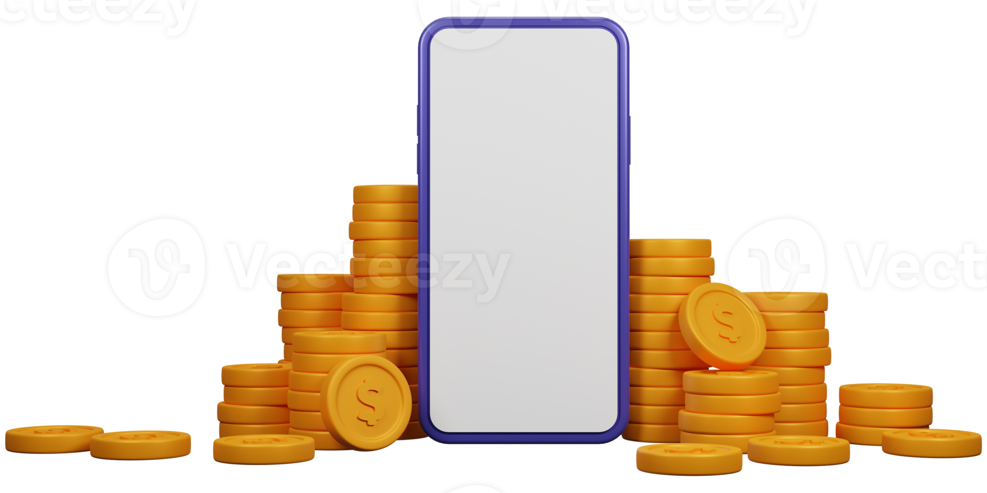Stack of 3D golden coins with smartphone. 3D render illustration. png