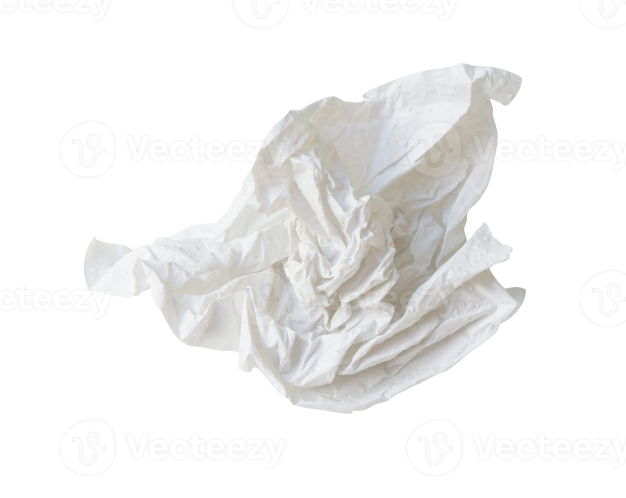 Single white screwed or crumpled tissue paper or napkin in strange shape after use in toilet or restroom isolated with clipping path in png file format