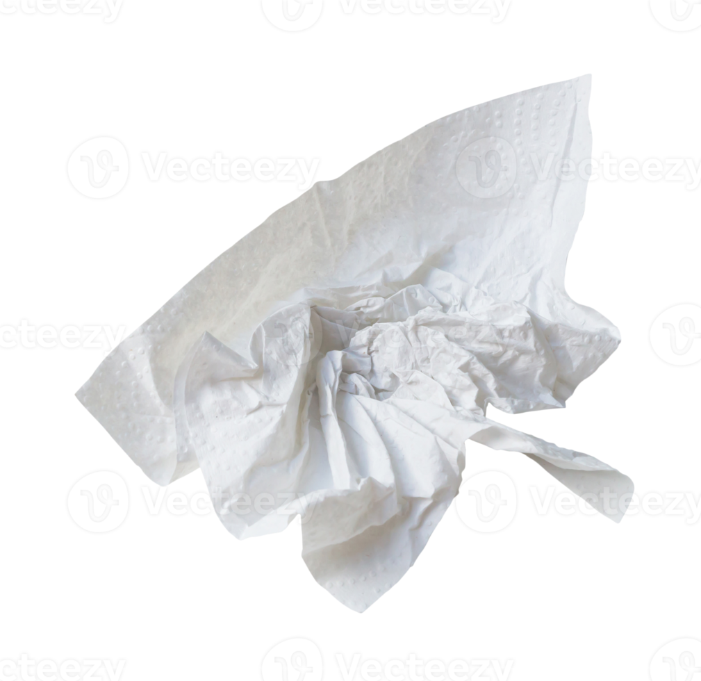 Single screwed or crumpled tissue paper or napkin in strange shape after use in toilet or restroom isolated with clipping path in png file format