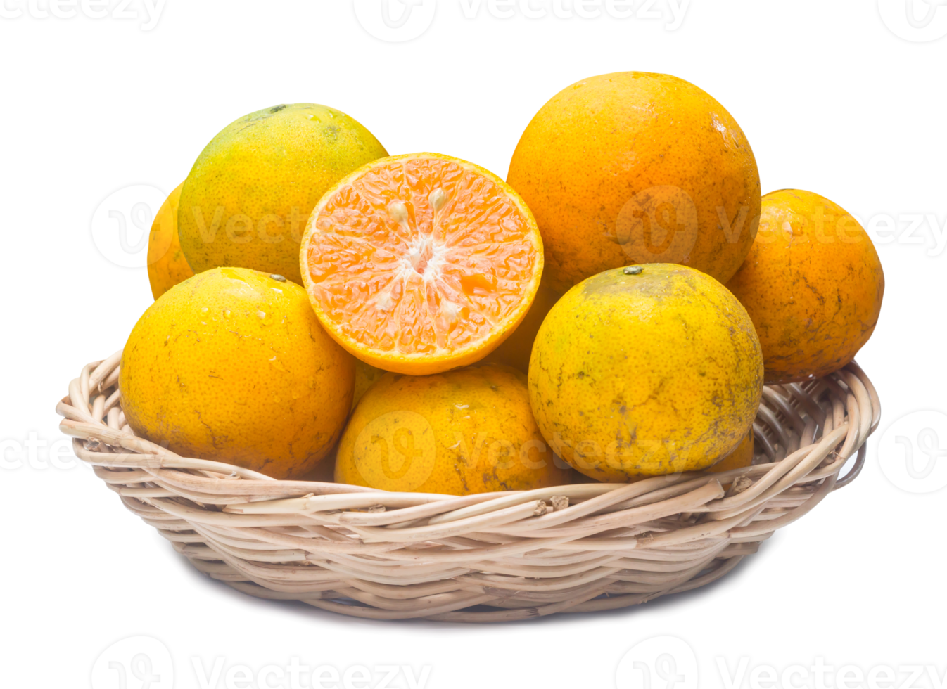Fresh ripe or mature Shogun Tangerine oranges in bamboo wicker basket isolated with clipping path and shadow in png file format, Concept of healthy food eating