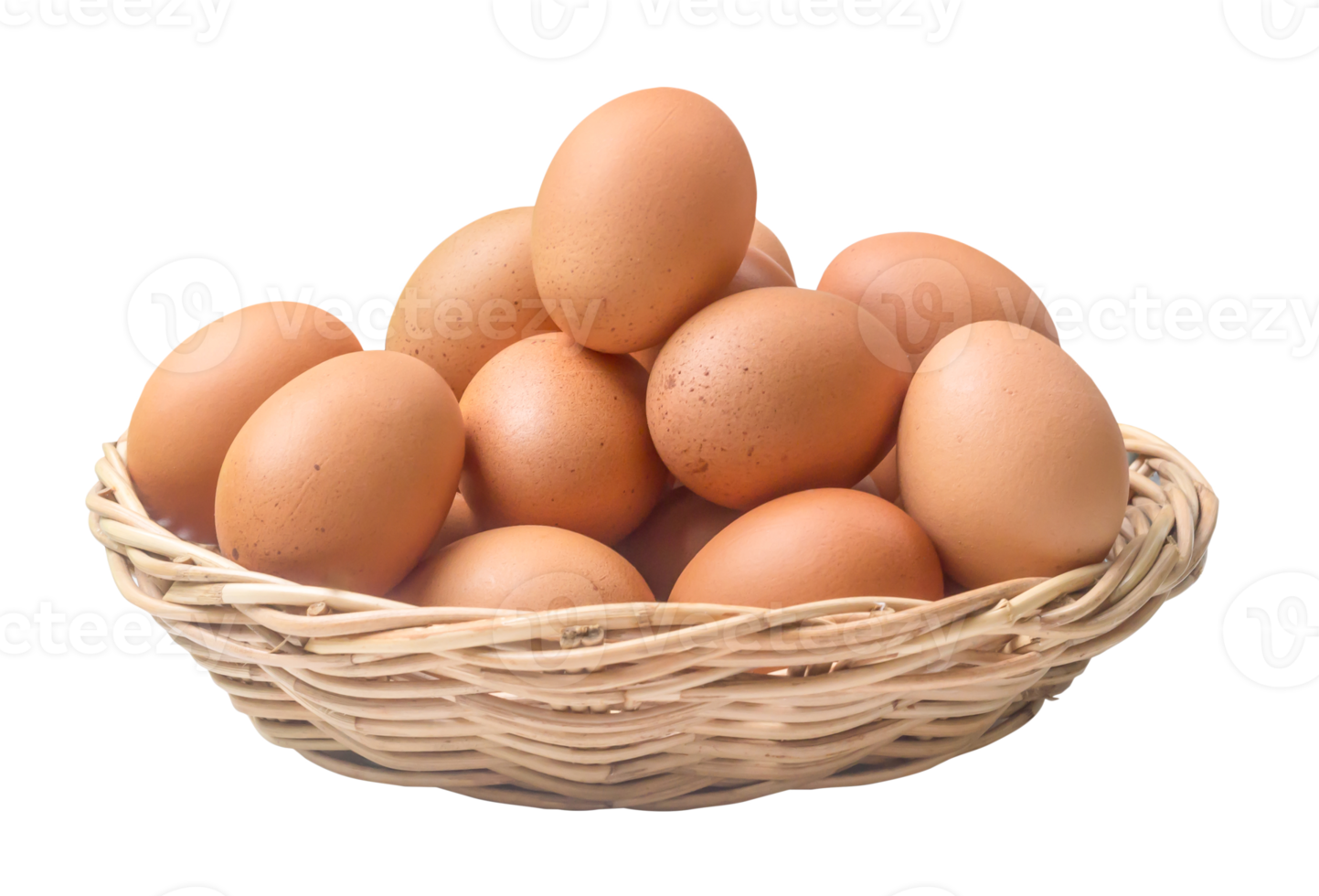 Fresh chicken eggs in woven bamboo basket isolated with clipping path in png file format, Close up with full focus