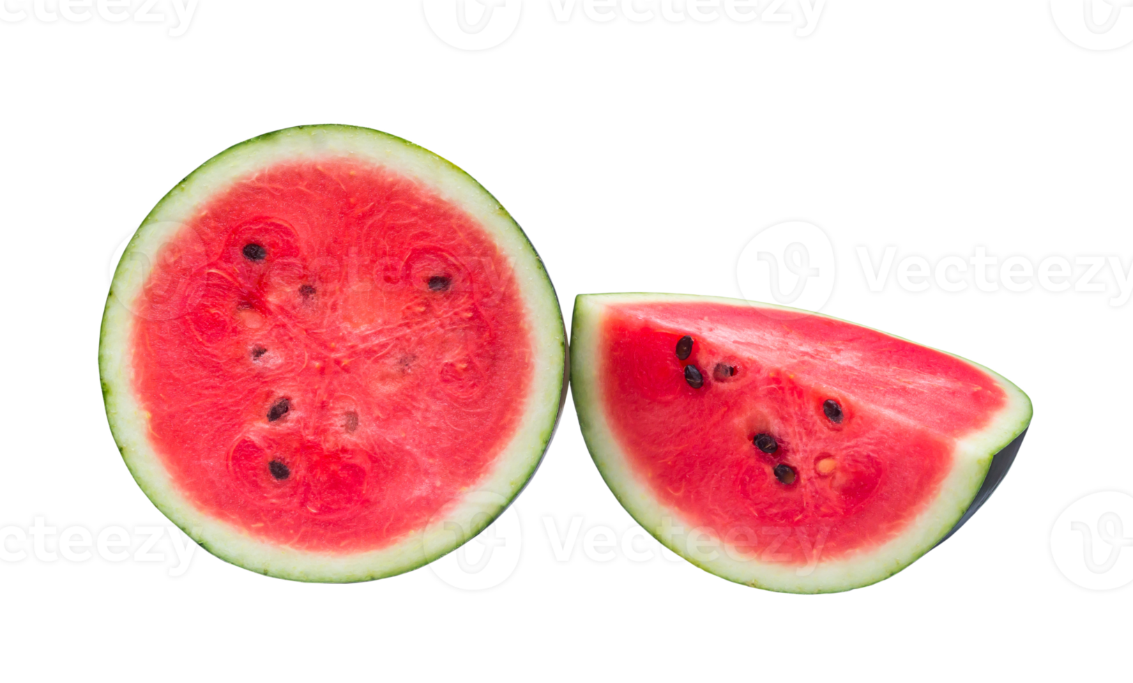 Two halves of fresh ripe red watermelon isolated with clipping path in
