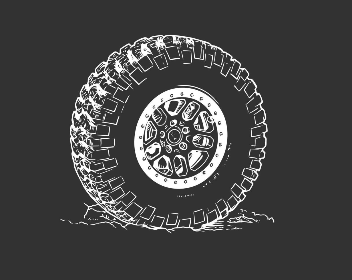 Wheel of the truck. Mud and dirt. Vector line art illustration on black background