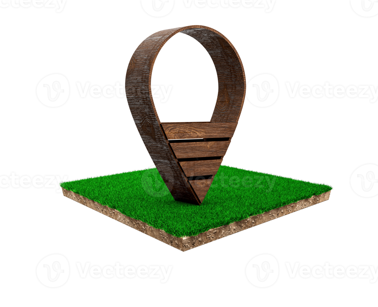 Wooden location pin icon on cubical soil land geology cross section with green grass png