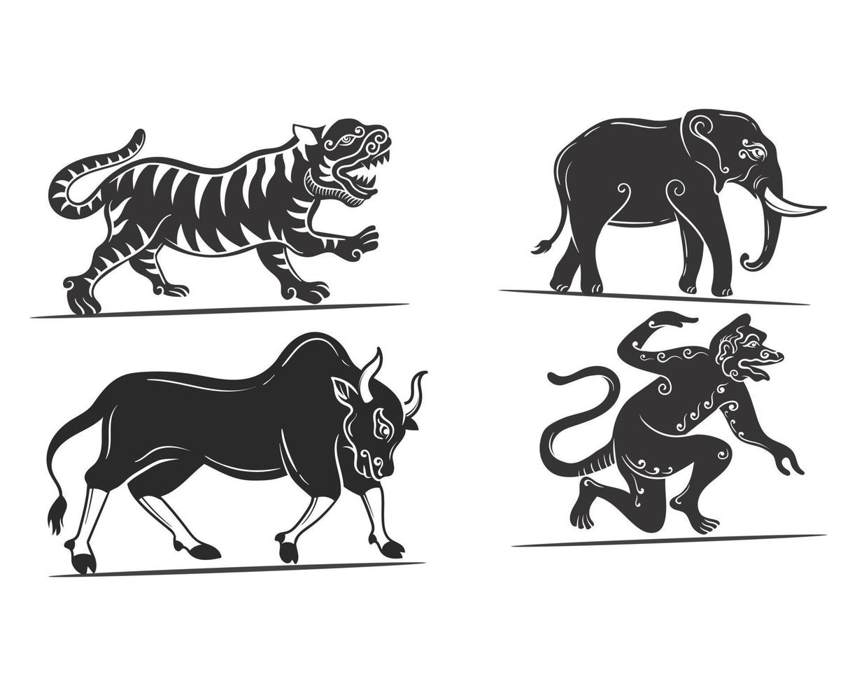 Vector cow, elephnat, tiger and werewolf animal silhouette