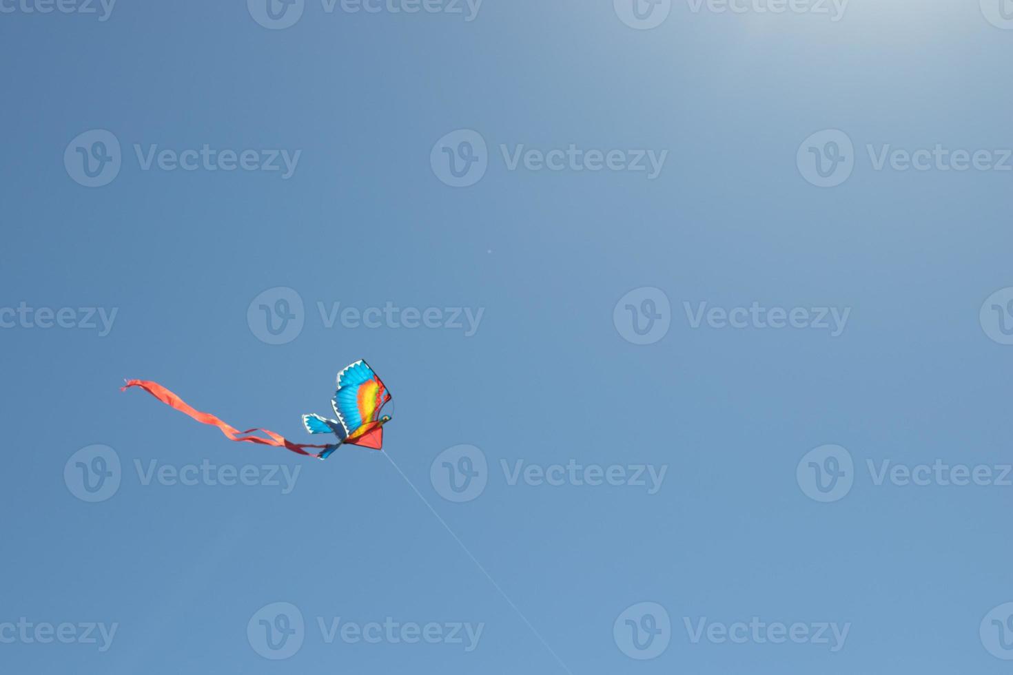 Kite soars in the blue sky. Copy space background. Freedom concept photo