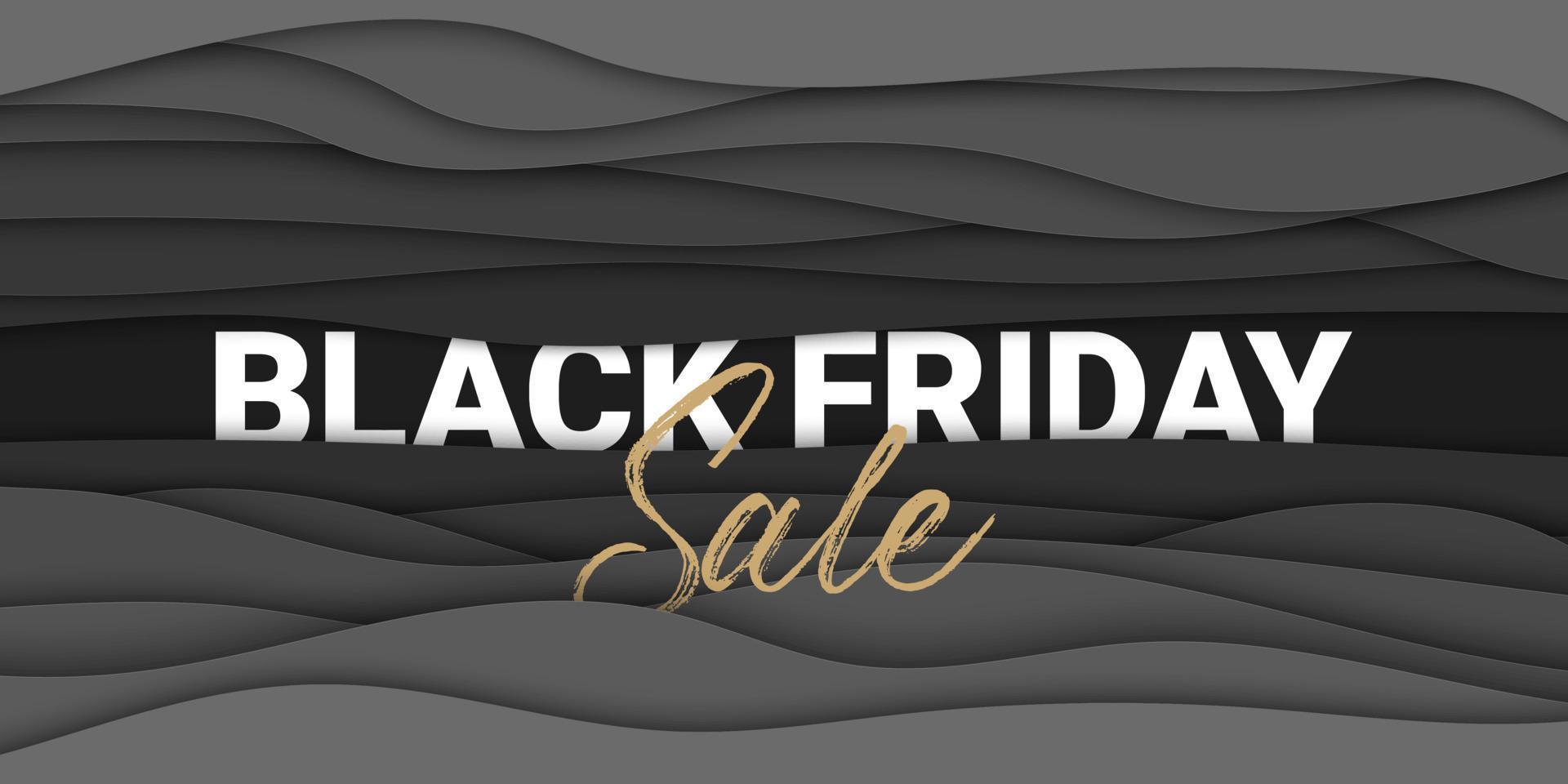 Black friday sale. Vector paper cut background with words for poster, advertising, banner, site decoration, offer, promo, flyer, brochure, social media posts. Craft black origami.