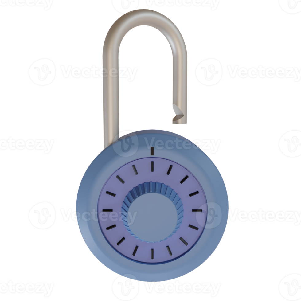 3d renderen schattig tekenfilm illustratie van hangslot icoon. ontgrendelen met combinatie. minimaal concept png