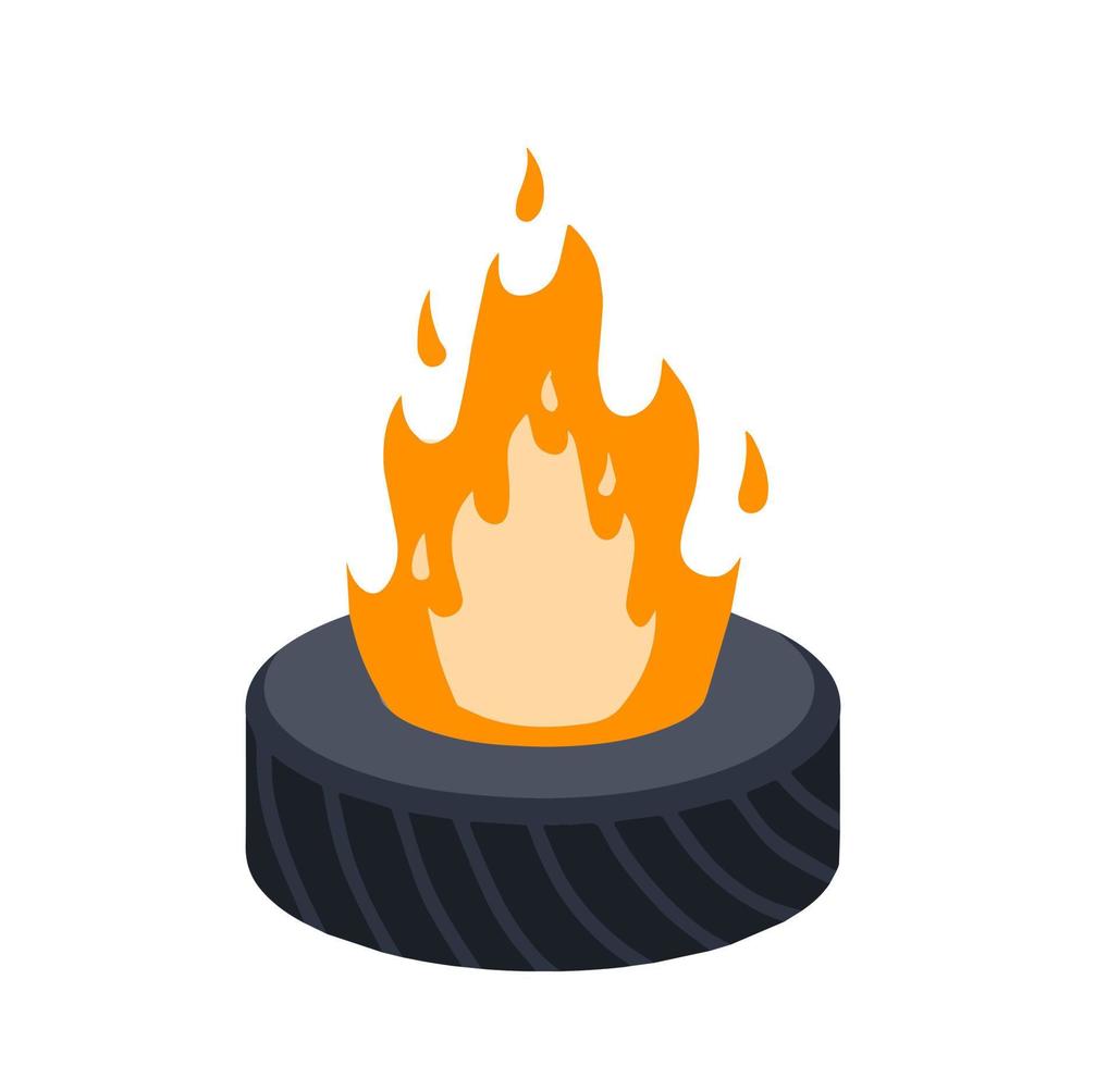 Burning tire. The old wheel. The problem of urban garbage and ecology. Fire and garbage. Flat cartoon isolated on white. vector