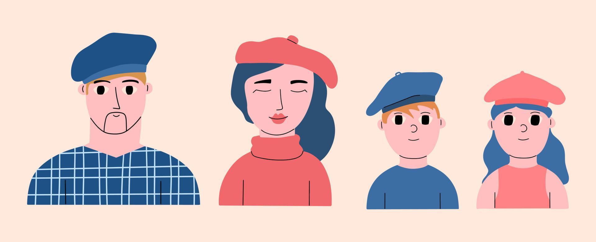 A set of portraits of different ages of people in French berets. Young family. Collection of cute characters. Hand drawn trendy vector illustration