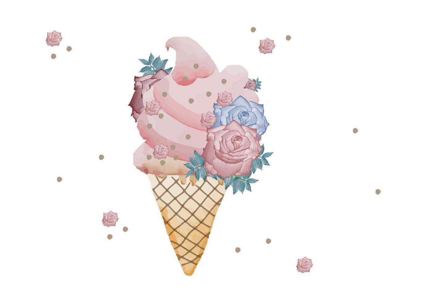Vector postcard with watercolor ice cream and inscription isolated on white background in retro style. Postcard with ice cream. Watercolor pink ice cream.