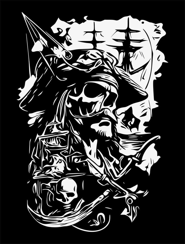 Pirate skull sketch. On black background. vector