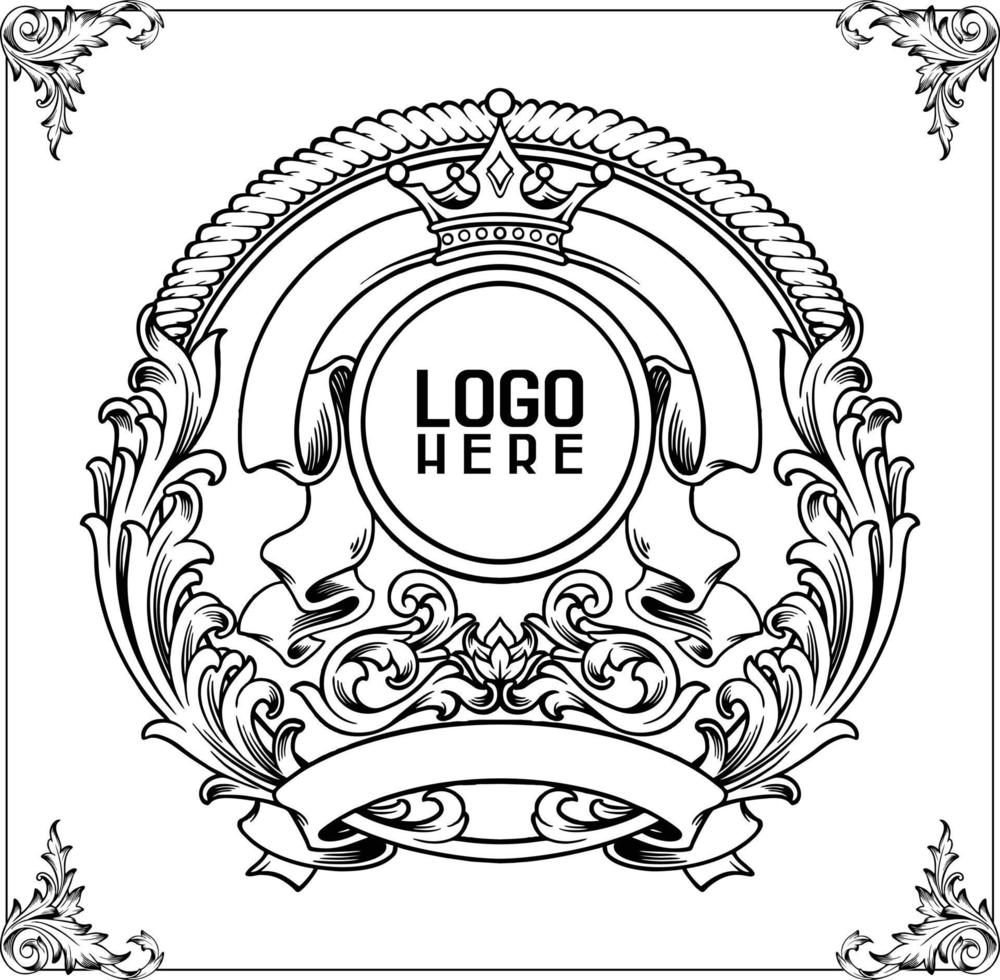 Classic label badge flourish swirl ribbon ornament monochrome vector illustrations for your work logo, merchandise t-shirt, stickers and label designs, poster, greeting cards advertising business