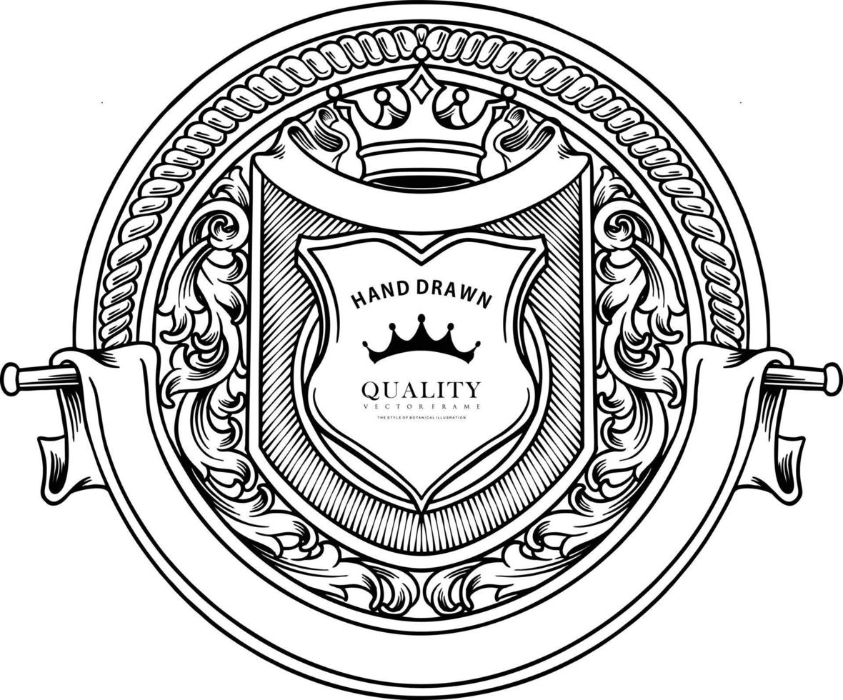 Classic badge label crown swirls ornament outline vector illustrations for your work logo, merchandise t-shirt, stickers and label designs, poster, greeting cards advertising business company brands