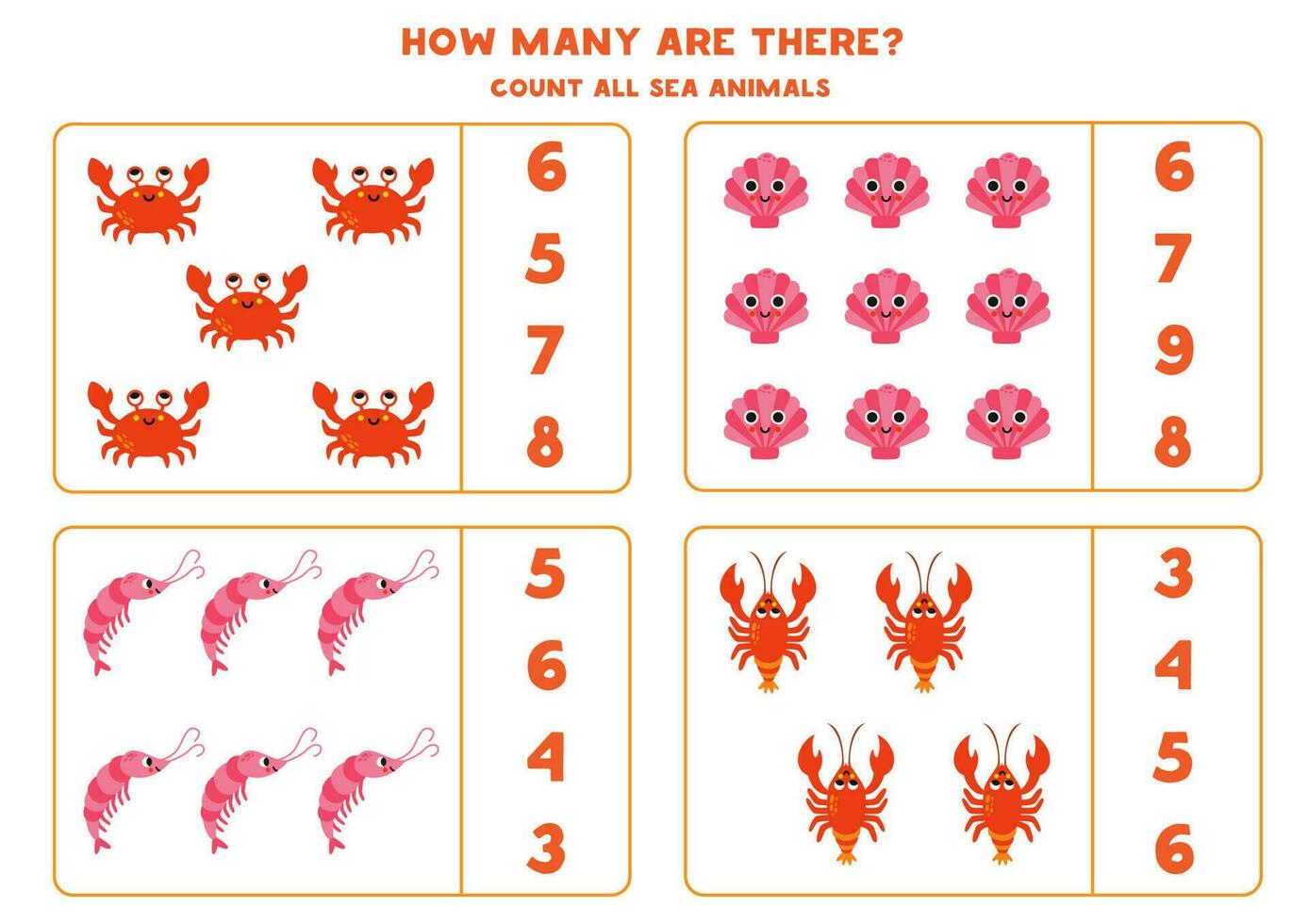 Counting game with cute sea animals. Educational worksheet. vector