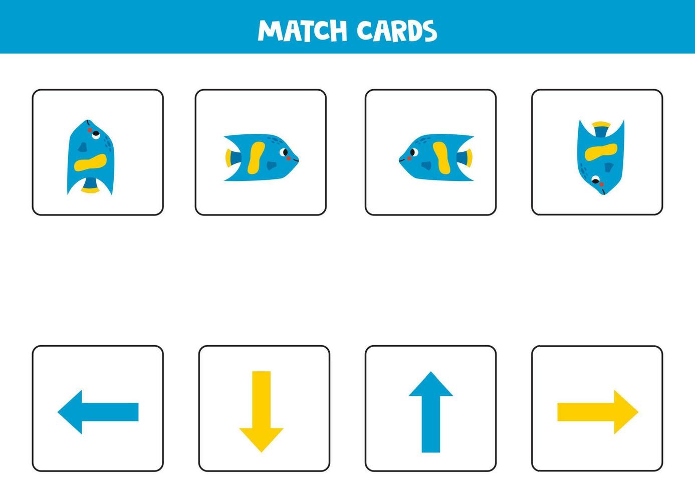 Left, right, up or down. Spatial orientation with cute cartoon blue fish. vector