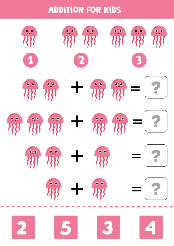 Addition for kids with cute pink jelly fish. vector