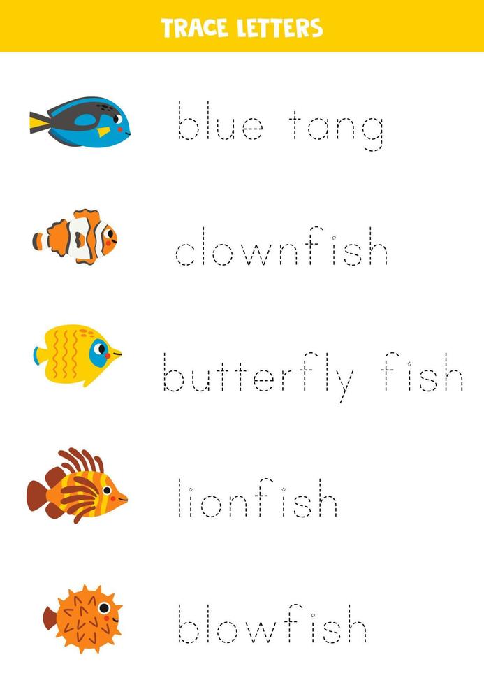 Tracing letters with cute reef fish. Writing practice. vector