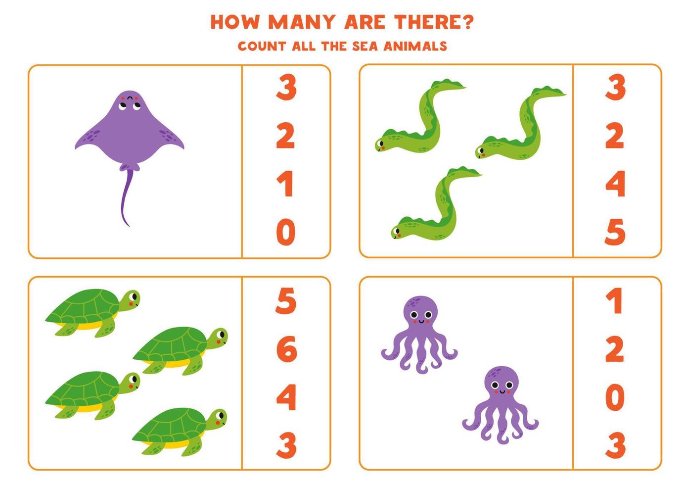 Counting game with cute sea animals. Educational worksheet. vector