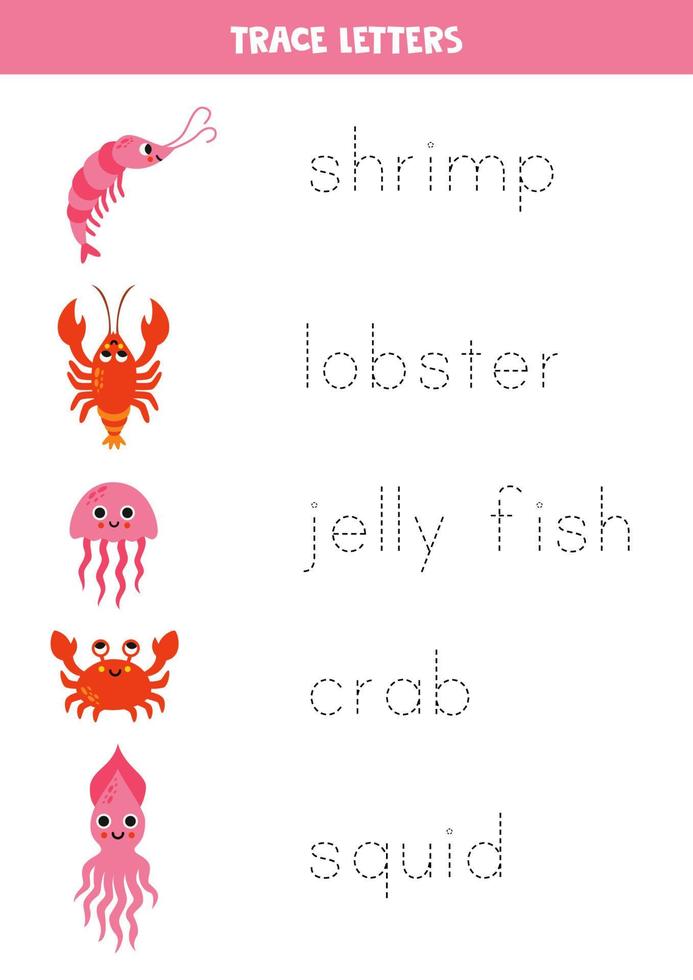 Tracing letters with cute sea animals. Writing practice. vector