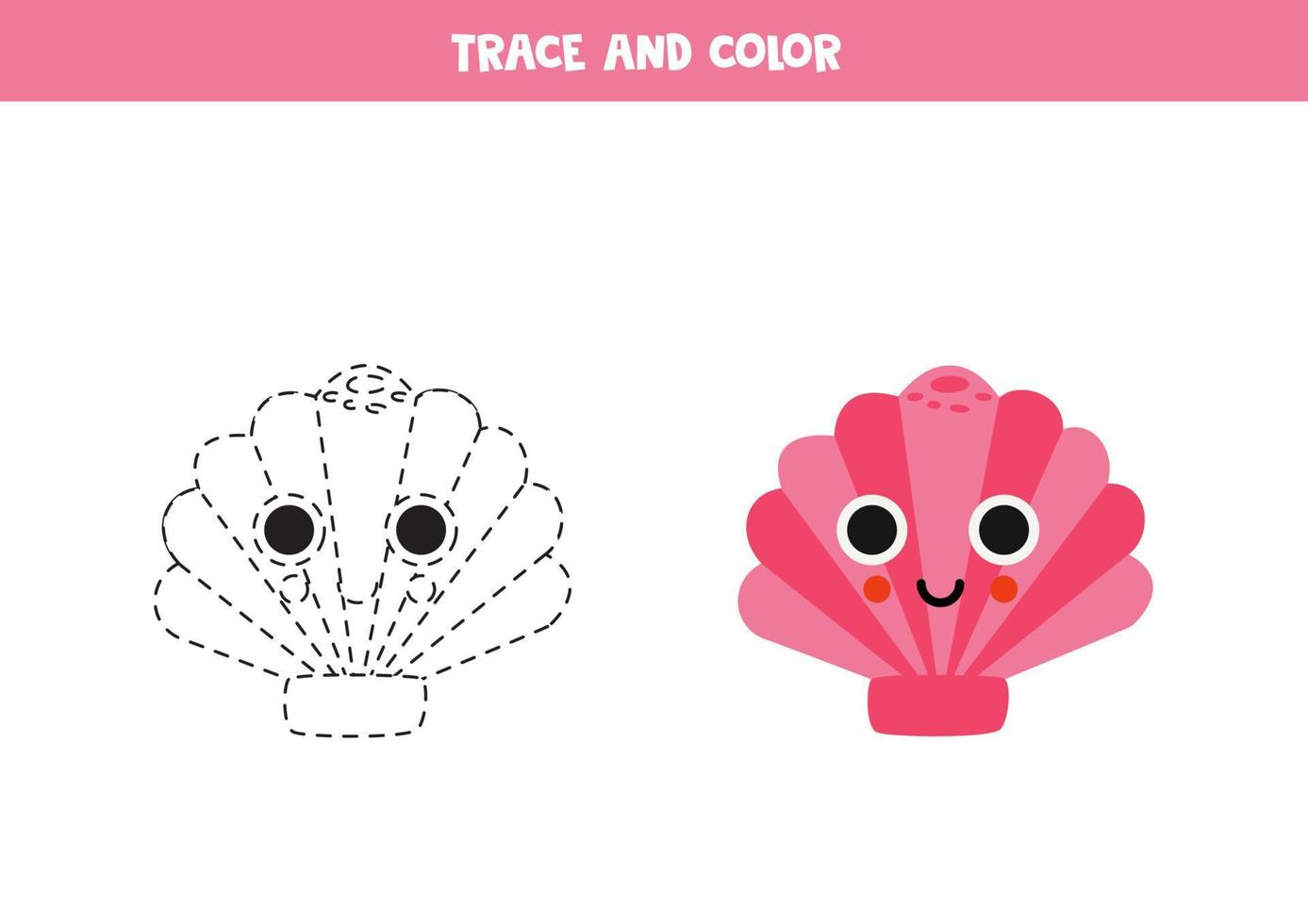 Trace and color cartoon cute sea shell. Worksheet for children. vector