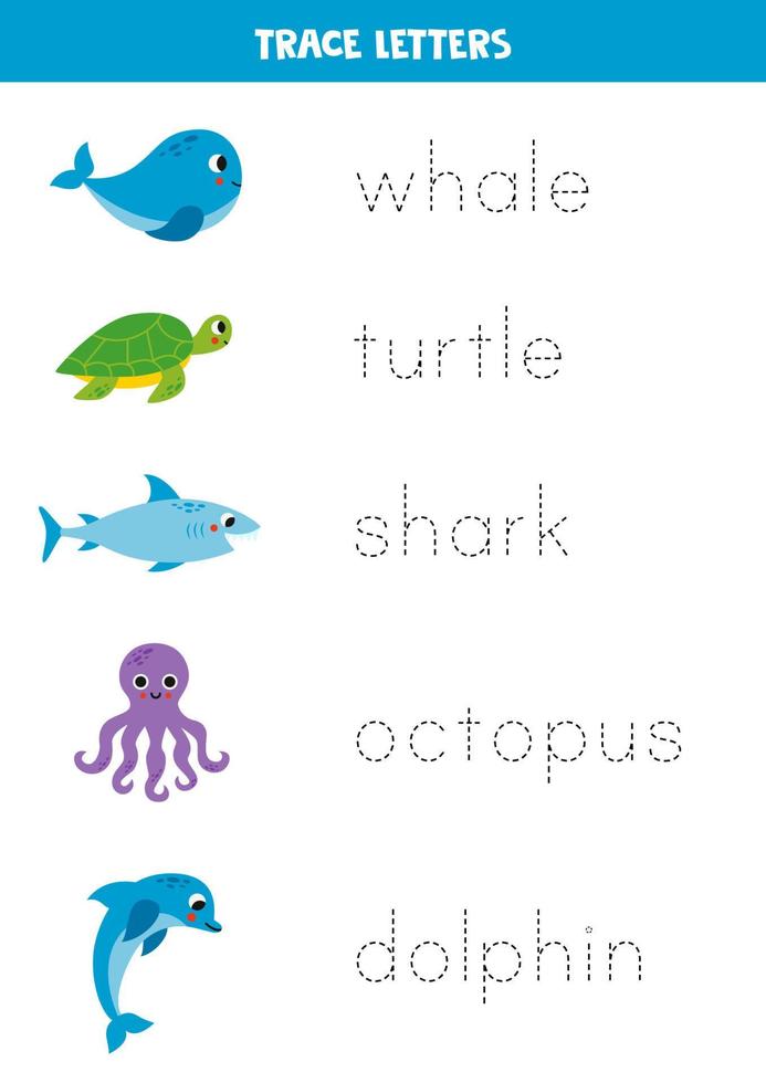 Tracing letters with cute sea animals. Writing practice. vector