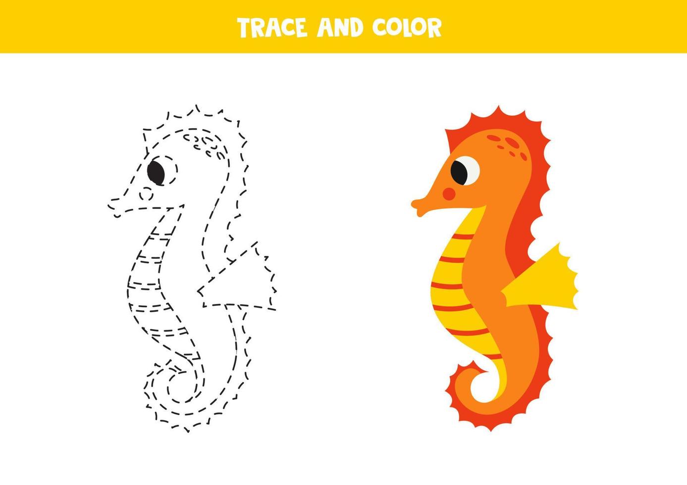 Trace and color cartoon cute seahorse. Worksheet for children. vector