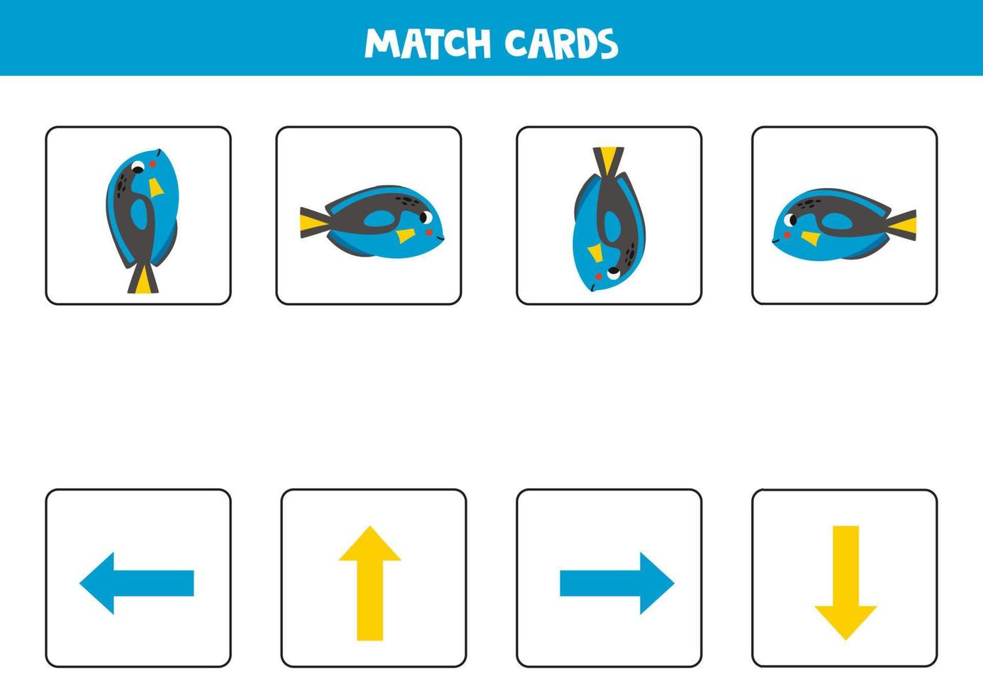 Left, right, up or down. Spatial orientation with cute blue tang fish. vector