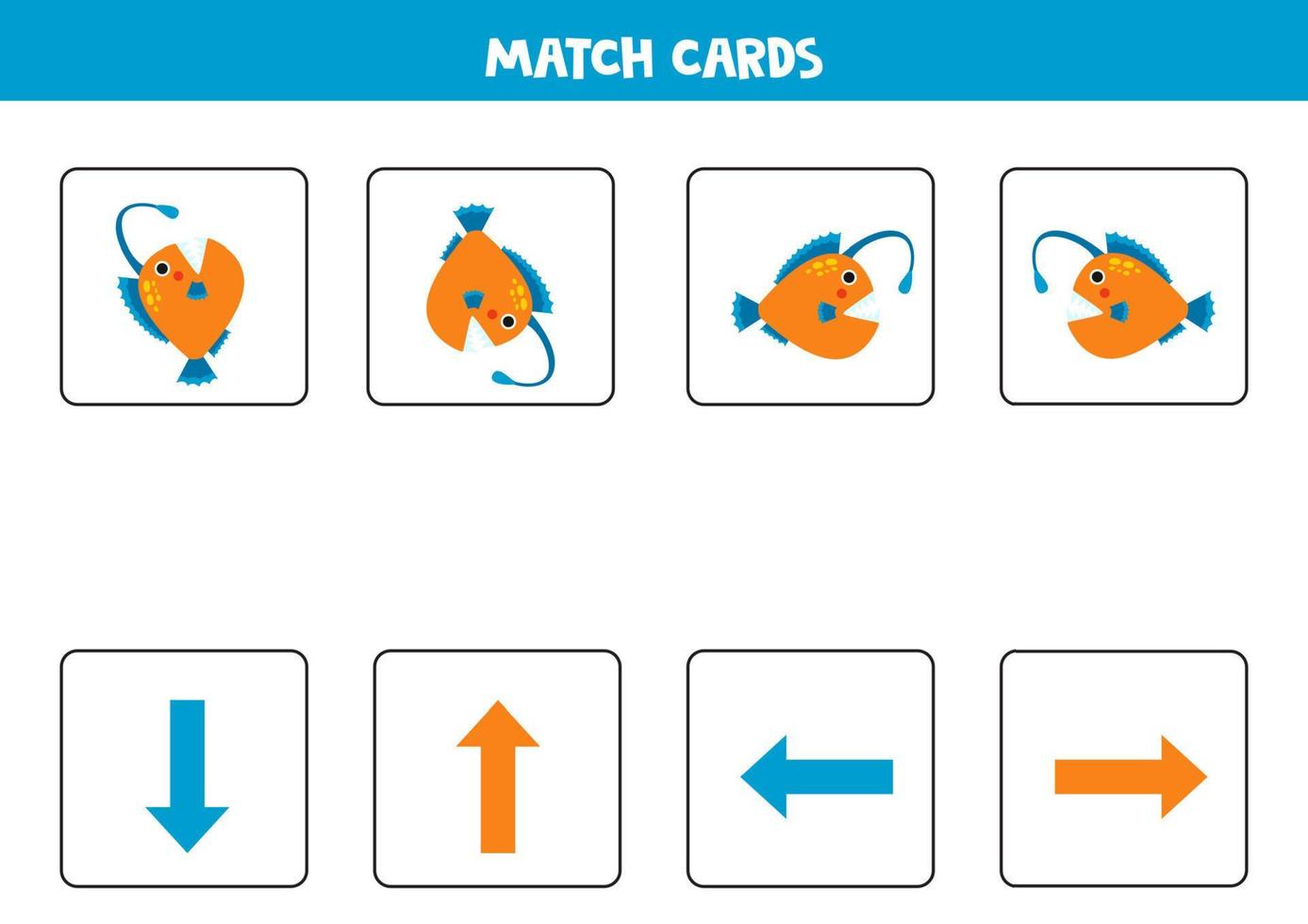 Left, right, up or down. Spatial orientation with cute angler fish. vector