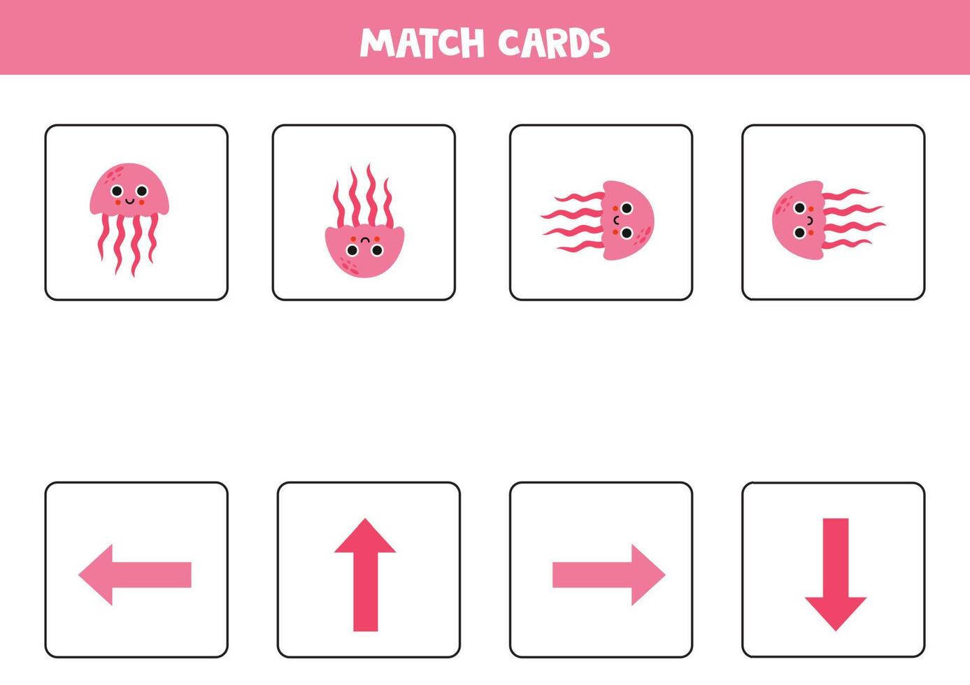 Left, right, up or down. Spatial orientation with cute pink jelly fish. vector